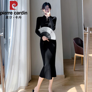 皮爾卡丹（pierre cardin）新中式杏色針織連衣裙女羊|絨旗袍裙秋冬荷葉邊過膝羊|毛衣裙 黑色 L