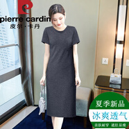 皮爾卡丹品牌吊帶冰絲棉連衣裙2025春夏款無袖背心直筒過膝寬松純色T恤裙 短袖深灰色 L 【105-115斤】
