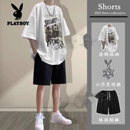花花公子（PLAYBOY）純棉短袖t恤男士男生休閑套裝2025夏季韓版衣服一套搭配寬松短褲 MD49純棉T恤白+D01黑+項鏈 S