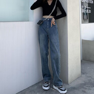 自由探戈闊腿牛仔褲女2025年高腰新款寬松直筒顯瘦垂感拖地長(cháng)褲子秋新款 黑色九分 S