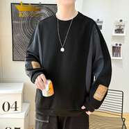 金盾衛衣男春秋季拼接長(cháng)袖T恤寬松大碼圓領(lǐng)潮流打底衫百搭男裝上衣服 黑色 L