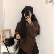 豫汐嘉興濮院羊絨毛衣女森女套頭圓領(lǐng)毛衣女寬松外穿2024秋冬裝開叉慵 咖啡色 【商城質(zhì)量】 S 80-95斤