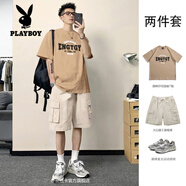 花花公子（PLAYBOY）純棉短袖t恤男短褲一套搭配日系潮牌印花夏季情侶工裝五分褲套裝 淺棕色潮牌純棉T+米白色工裝短褲 L 165-170/100-135斤