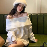 以歐（YIOU）慵懶風(fēng)一字肩毛衣針織衫女秋冬設(shè)計感中長款寬松百搭外穿長袖9298 白色 均碼