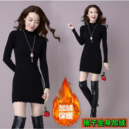 2025年秋冬季新款加絨加厚半高領(lǐng)毛衣女中長(zhǎng)款緊身針織包臂打底衫 黑色 加絨 M
