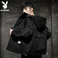 花花公子（PLAYBOY）夾克男沖鋒外套男裝春夏季男士休閑連帽工裝潮牌上衣服 黑色- XL