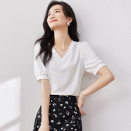 尚都比拉夏季短袖t恤女浪漫花邊泡泡袖V領(lǐng)顯瘦女裝上衣 白色 S
