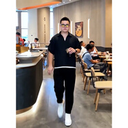 軒森圖（XUANSENTU）微胖男生顯瘦穿搭短袖T恤男寬松大碼胖子百搭ins潮牌半袖體恤潮 黑色POLO衫+黑色拉鏈褲 L (170) 建議120-140斤