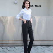 小西裝套裝女時尚氣質(zhì)短款職業(yè)女套裝褲裙裝襯衣正裝上衣白襯衫高腰女春夏新款短裙工裝 黑色 褲子+白色襯衫 L 100斤左右