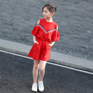 布丁魚 女童套裝夏裝童裝女中大童韓版時(shí)尚運(yùn)動(dòng)兒童裝女孩衣服時(shí)髦T恤+裙褲學(xué)生洋氣兩件套潮衣 紅色 140碼建議身高130cm