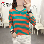 啄木鳥(niǎo)條紋長(cháng)袖T恤女裝2026體恤衫春秋新款時(shí)尚寬松簡(jiǎn)約休閑百搭上秋衣 866橙色 M 建議90-105斤