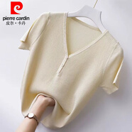皮爾卡丹（pierre cardin）春夏新款t恤女短袖韓版短款v領(lǐng)修身純色時(shí)尚冰絲打底針織百搭顯瘦 杏色 L:建議105-115斤