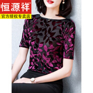恒源祥短袖T恤女裝新款打底衫女可外穿絲絨上衣蕾絲中袖氣質(zhì)一字肩網(wǎng)紗 紫色透氣 防透L