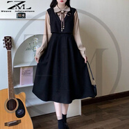 織迷假兩件長裙少女春秋冬裝2023新款學(xué)生寬松仙女森系連衣裙 【黑色】 XL 建議110-120斤