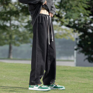 至濤褲子男夏季牛仔褲直筒寬松美式復古薄款潮牌工裝闊腿褲休閑長(cháng)褲 黑色 L ( 建議100-110斤可穿 )