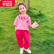 樂(lè )芭鼠童裝女童套裝夏季兒童套裝女寶寶短袖褲子兩件套嬰幼兒女小童衣服 粉色（天使小熊長(cháng)褲套裝） 120碼  建議5-6歲 (身高115左右)