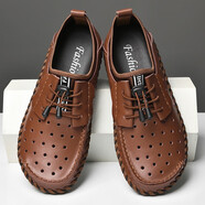 悍臣大碼皮鞋男夏季包頭真牛皮涼鞋夏天男鞋子洞洞鏤空爸爸休閑鞋夏款英倫男士胖腳寬肥豆豆鞋軟底寬頭駕車(chē)鞋 21589-1淺棕色-鏤空 39 標準皮鞋碼