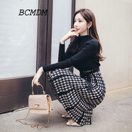 BCMDM香港潮牌半高領針織連衣裙女 2025春季新款千鳥格收腰顯瘦打底裙 黑色 M