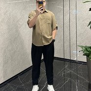 普戈斯（PUGESI）胖子大碼230斤夏季冰絲墜感短袖T恤男寬松大碼V領(lǐng)假兩件半袖體恤 CS237咖啡色襯衫+黑色拉鏈褲 4XL 建議200-220斤