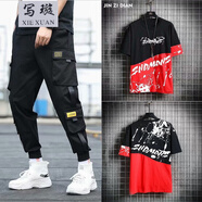 寫璇男款短袖短褲夏天套裝男生韓版全套衣服男土一套男潮流搭配工裝褲 A23工裝褲+潑墨短袖上黑下紅 2XL