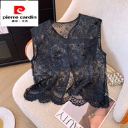 皮爾卡丹（pierre cardin）蕾絲提花鏤空v領(lǐng)馬甲背心女夏裝新款時(shí)尚百搭疊穿寬松罩衫上衣女 黑色短馬I甲 XL 建議110-120斤