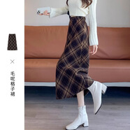 朵世界格紋開叉毛呢半身裙女秋冬加厚復古高腰顯瘦a字中長款格子包臀裙 咖格-加厚面料 XL碼(121-130斤選擇)