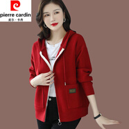 皮爾卡丹（pierre cardin）連帽毛衣外套女春秋季新款時(shí)尚外搭帶帽針織開(kāi)衫洋氣休閑百搭上衣 酒紅色 XL