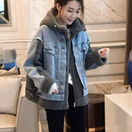 君芳雅  牛仔拼接連帽外套女短款假兩件加厚毛絨上衣秋冬年新款歐洲站 919拼接羊羔毛棉服 M 95到125左右