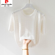 皮爾卡丹80-200斤冰絲短袖t恤女夏季鏤空寬松遮肚薄款洋氣小衫針織衫上衣 白色 XL 【建議115-130斤】