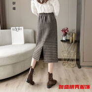 口旋女士毛呢千鳥格子半身裙女秋冬加絨加厚過膝中長(zhǎng)款直筒開叉包臀裙 加絨 咖啡色 加厚 2XL 132~150