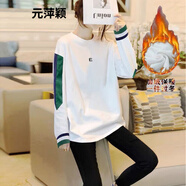 長(cháng)袖T恤女上衣打底衫秋冬季 圓領(lǐng)拼接衛衣女秋冬寬松時(shí)尚打底白色T恤上衣2021中長(cháng)款 白色加絨加厚款 L 101-115斤