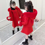 棗安（ZAOAN）女童連衣裙秋冬季兒童套裝拜年服裝毛衣背心裙子毛呢外套中大童 紅色kiss外套+連衣裙+黑打底衫 140(建議身高135左右)
