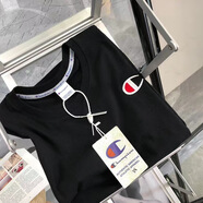 冠軍吉祥潮牌t恤刺繡棉短袖小標(biāo)親子裝情侶裝ins休閑出游寬松T C標(biāo)黑色 均碼 兒童120 35-50斤