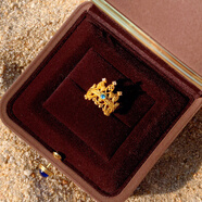 小腰金 海藍寶皇冠戒指黃金花絲鑲嵌女戒活口時(shí)尚流蘇999足金食指戒 黃金鑲嵌皇冠戒指7.35-7.5克