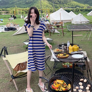 Mad Cortes 高級感慵懶風(fēng)夏季新款蝙蝠袖條紋V領(lǐng)連衣裙中長(cháng)款寬松過(guò)膝長(cháng)裙 藍色條紋（短款） S