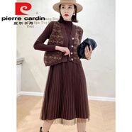 皮爾卡丹（pierre cardin）小香風(fēng)黑色打底針織連衣裙女秋冬修身顯瘦純色百搭網(wǎng)紗拼接毛衣裙 咖色【平下擺】 均碼 85-135斤