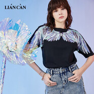 蓮燦秋新民族風(fēng)針織寬松印花亮片波西米亞圓領(lǐng)中袖T恤女 黑色 S