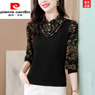 皮爾卡丹碎花翻領(lǐng)襯衫女長袖2025春秋新款洋氣寬松減齡假兩件打底衫上衣潮 黑色薄款 M