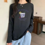 維若斯中長(zhǎng)款長(zhǎng)袖圓領(lǐng)T恤女韓版ins百搭打底衫女純棉印花寬松上衣秋衣 H124*黑色 M （90-105斤）