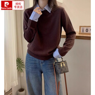 皮爾卡丹（pierre cardin）春秋襯衫領(lǐng)針織衫尾貨拼襯衫領(lǐng)寬松假兩件毛衣針織衫軟糯毛衣 咖色 2XL