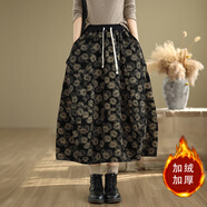 蘑菇同學(xué)大碼牛仔花苞裙女冬季2025新款文藝時(shí)尚松緊腰系繩印花加絨半身裙 鄒菊 M 建議90-115斤