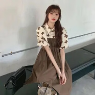 蘭威費雷裙子女春季新款韓版學生復古長袖中長款連衣裙過膝小黑裙 135假二件連衣裙咖色 S (80-100斤)