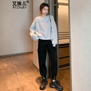 艾珠兒衛衣女裝春秋季新款寬松休閑時(shí)尚套裝減齡小個(gè)子學(xué)生運動(dòng)服兩件裝 灰色套裝 M