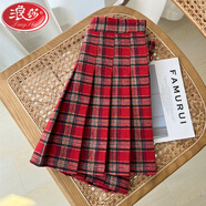 浪莎（LangSha）棕色毛呢加厚格子百褶裙女秋冬高腰防走光半身裙子顯瘦a字短褲裙 毛呢紅格 XL