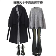 燁聆秋季穿搭女套裝大碼女裝冬裝搭配一整套胖子微胖顯瘦衣服全套高級 黑色風(fēng)衣+毛衣+牛仔褲 三件套 M 建議95-105斤