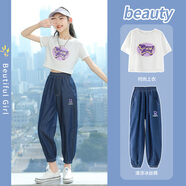 NICKYBABY防蚊褲女童夏季褲子牛仔寬松兒童夏天冰絲運(yùn)動(dòng)褲休閑大童女孩夏裝 5788深藍(lán)+9889白【套裝】 160