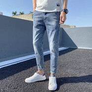 丁古得秋春修身牛仔褲男單力小腳磨破韓版九分潮流休閑長(zhǎng)褲子男加絨可選 320藍(lán)灰-1（九分） 31（2尺4）