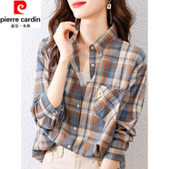 皮爾卡丹（pierre cardin）純棉格子襯衫女春秋季新款時(shí)尚復(fù)古襯衣外穿洋氣長袖百搭上衣顯瘦 圖片色 XL 建議120-132斤