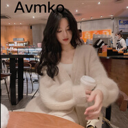 Avmko新款很仙亮絲馬海毛毛衣外套女溫柔仙氣慵懶風燈籠袖V領針織開衫 米白色 M