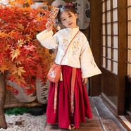 憶愛女童漢服春秋款古裝長袖兒童馬面裙女孩衣服套裝中國風(fēng)襦裙古風(fēng) 紅色（上衣薄絨+裙） 120 建議（110-120cm）